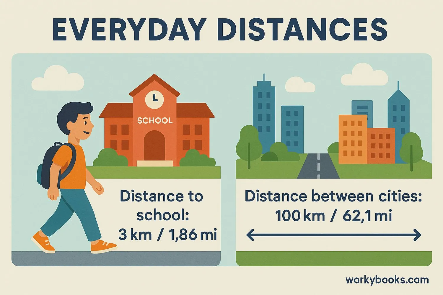 Everyday distances showing length in both kilometers and miles